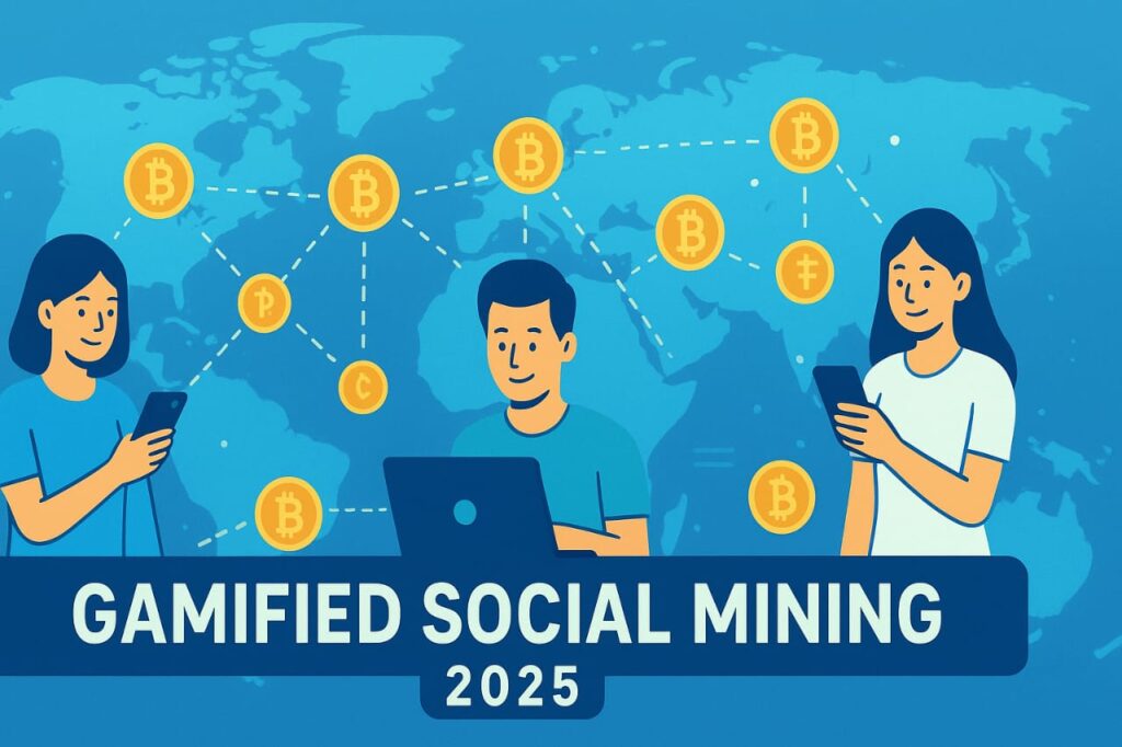 Gamified social mining scene showing referral rewards from free crypto mining apps.