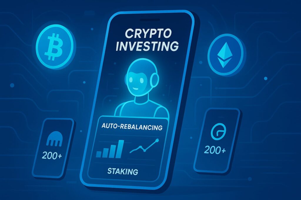 Illustration of AI-powered investing assistants and auto-portfolio features in crypto apps, showing personalized portfolio suggestions, market alerts, and automated asset rebalancing for beginners