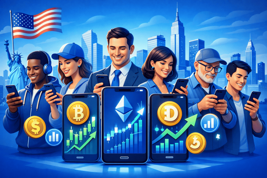 Comparison of the most used crypto apps in the USA, showing Coinbase, Robinhood, and Kraken for beginner investors