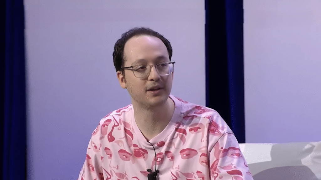 Hayden Adams, Uniswap founder, pictured with Ethereum symbols representing his $1 trillion DeFi impact.